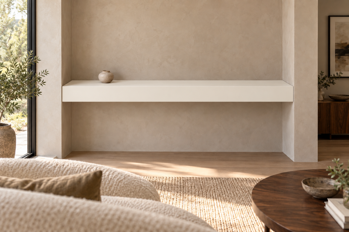 60 × 8 × 4 inch Alabaster SW 7008 painted floating shelf, wall-to-wall mount, unlit
