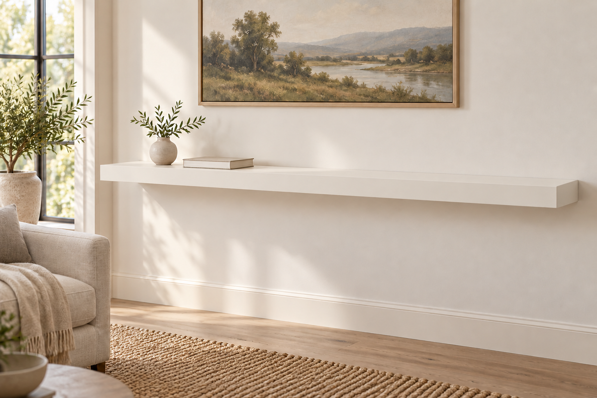 66 x 10 x 3 inch standard painted floating shelf in Alabaster SW 7008, unlit living-room rendering.