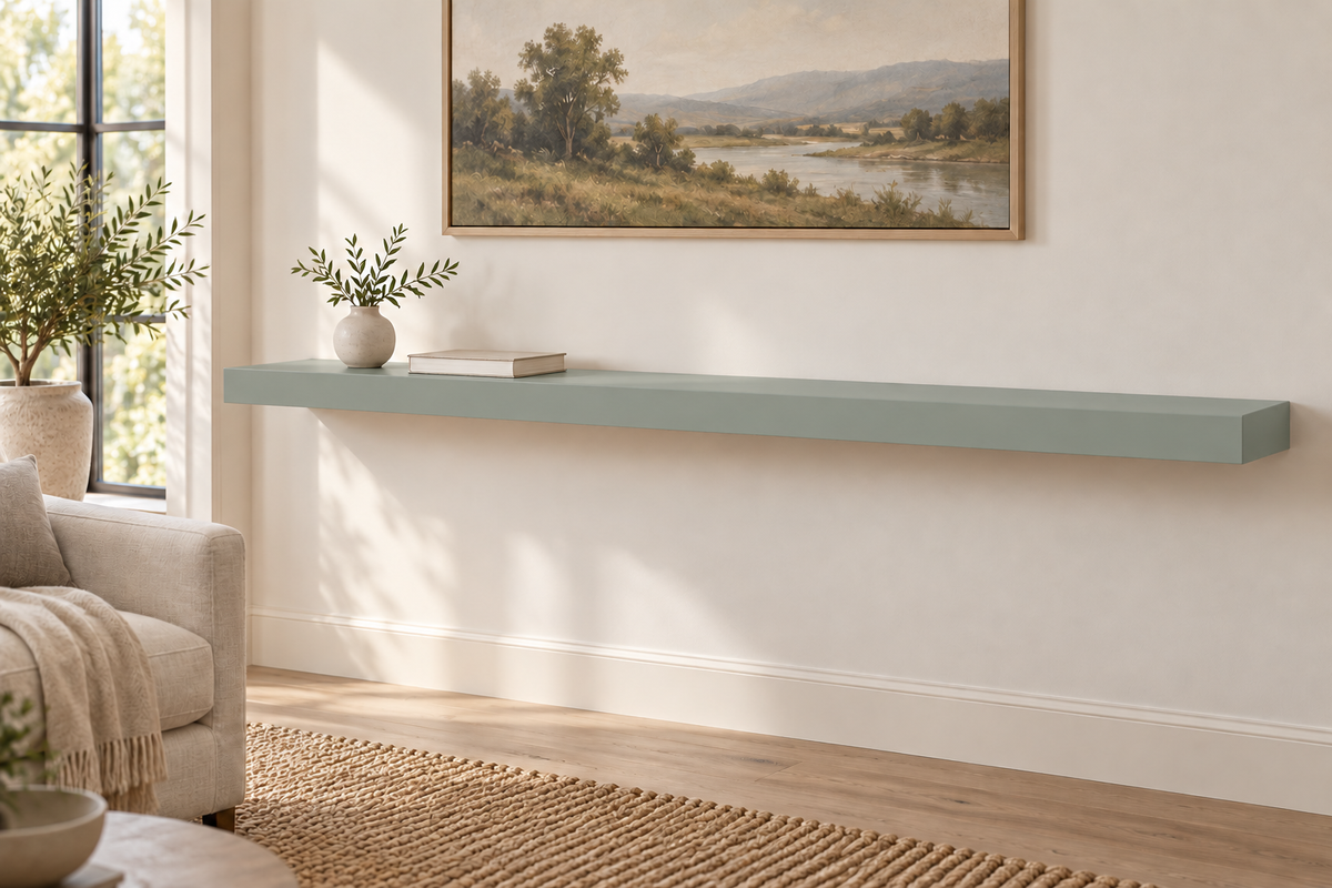 66 x 10 x 3 inch standard painted floating shelf in Halcyon Green SW 6213, unlit living-room rendering.
