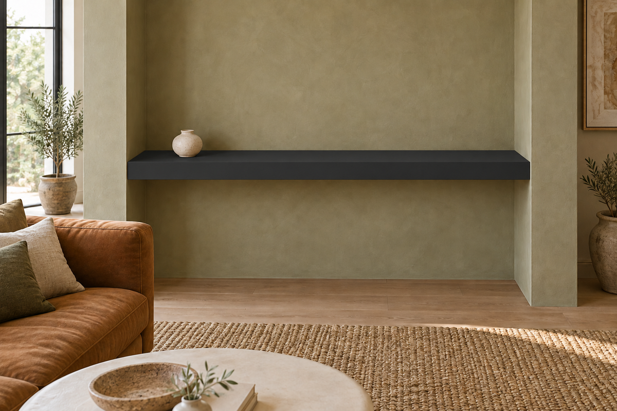 66 × 10 × 3 inch Tricorn Black SW 6258 painted floating shelf, wall-to-wall mount, unlit
