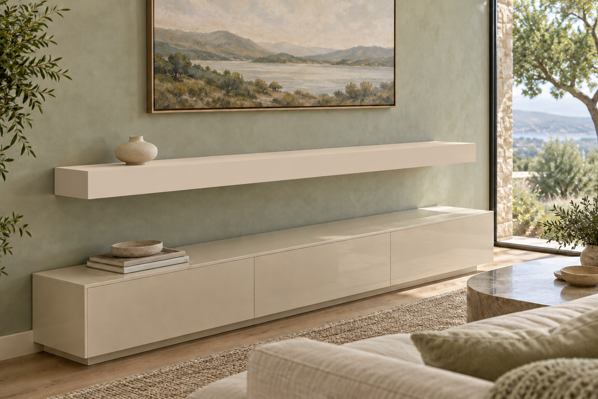 66 × 10 × 4 inch Natural Linen SW 9109 painted floating shelf, standard mount, unlit