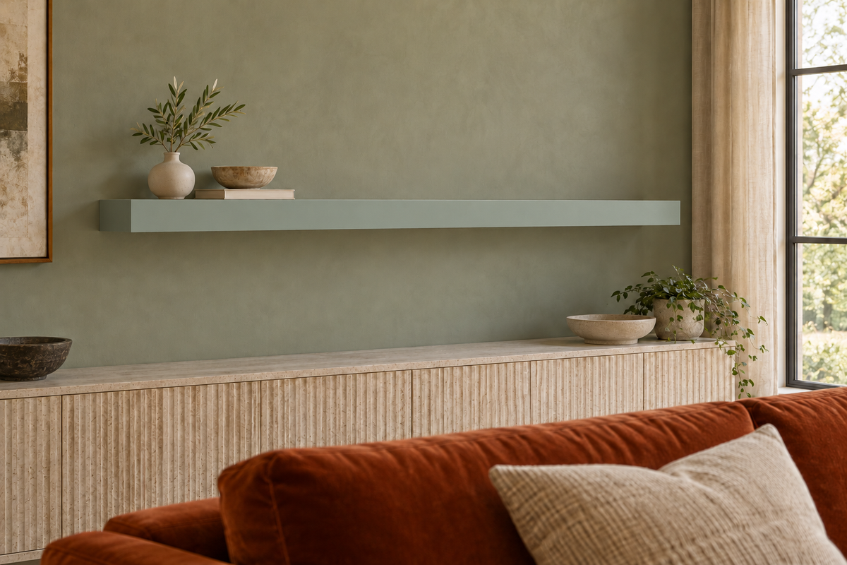 66 × 8 × 3 inch Halcyon Green SW 6213 painted floating shelf, standard mount, unlit