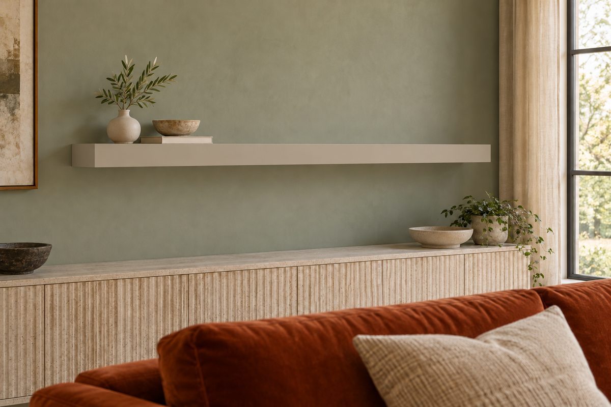 66 × 8 × 3 inch Universal Khaki SW 6150 painted floating shelf, standard mount, unlit