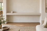 66 × 8 × 3 inch Natural Linen SW 9109 painted floating shelf, wall-to-wall mount, unlit