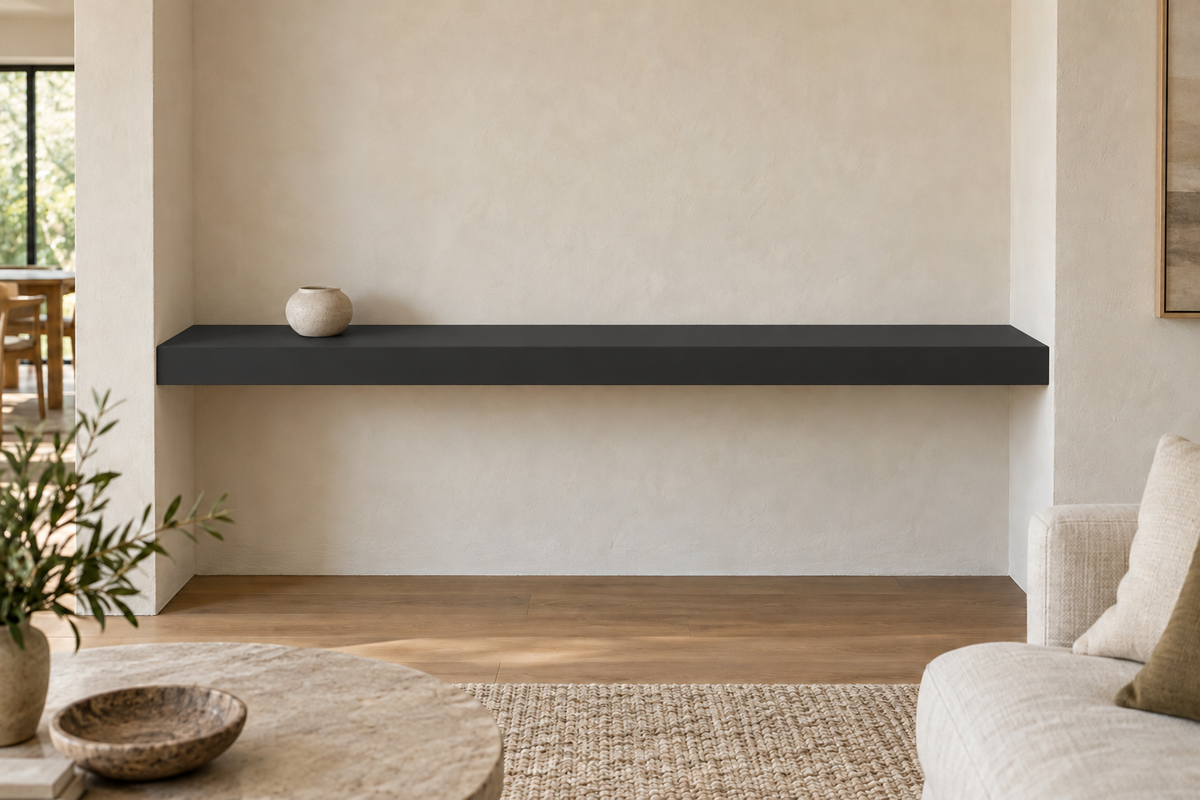 66 × 8 × 3 inch Tricorn Black SW 6258 painted floating shelf, wall-to-wall mount, unlit