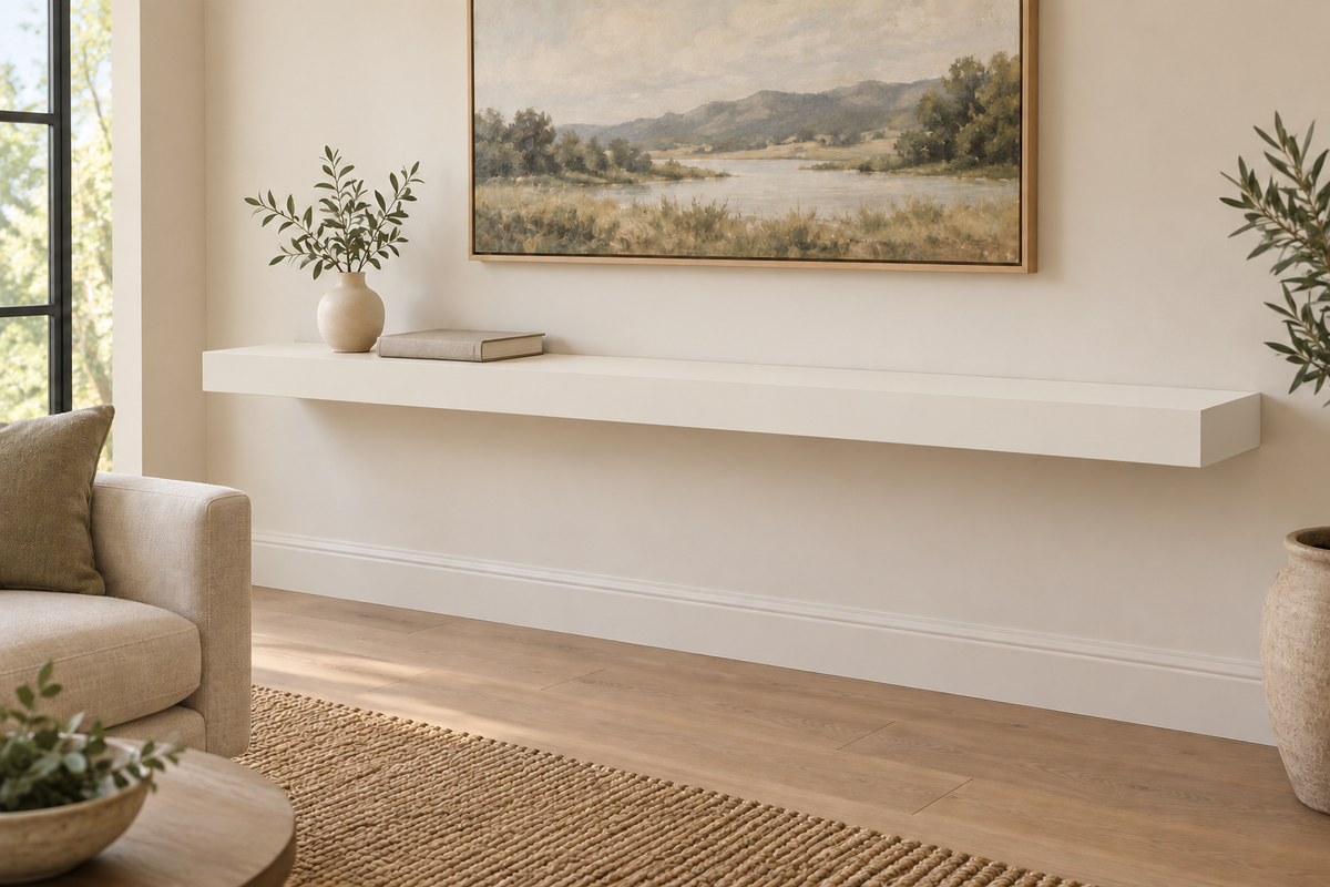 72 x 10 x 3 inch standard painted floating shelf in Alabaster SW 7008, unlit living-room rendering.