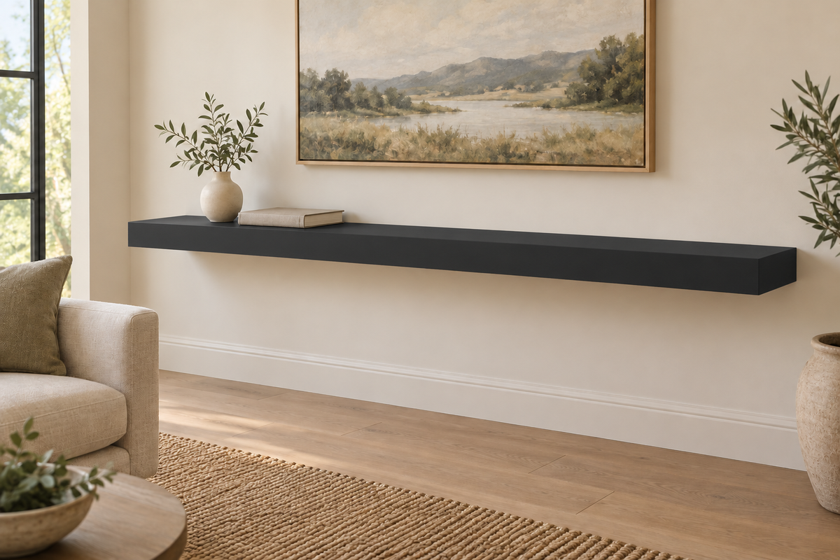 72 x 10 x 3 inch standard painted floating shelf in Tricorn Black SW 6258, unlit living-room rendering.