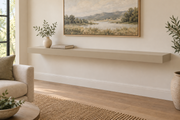 72 x 10 x 3 inch standard painted floating shelf in Universal Khaki SW 6150, unlit living-room rendering.