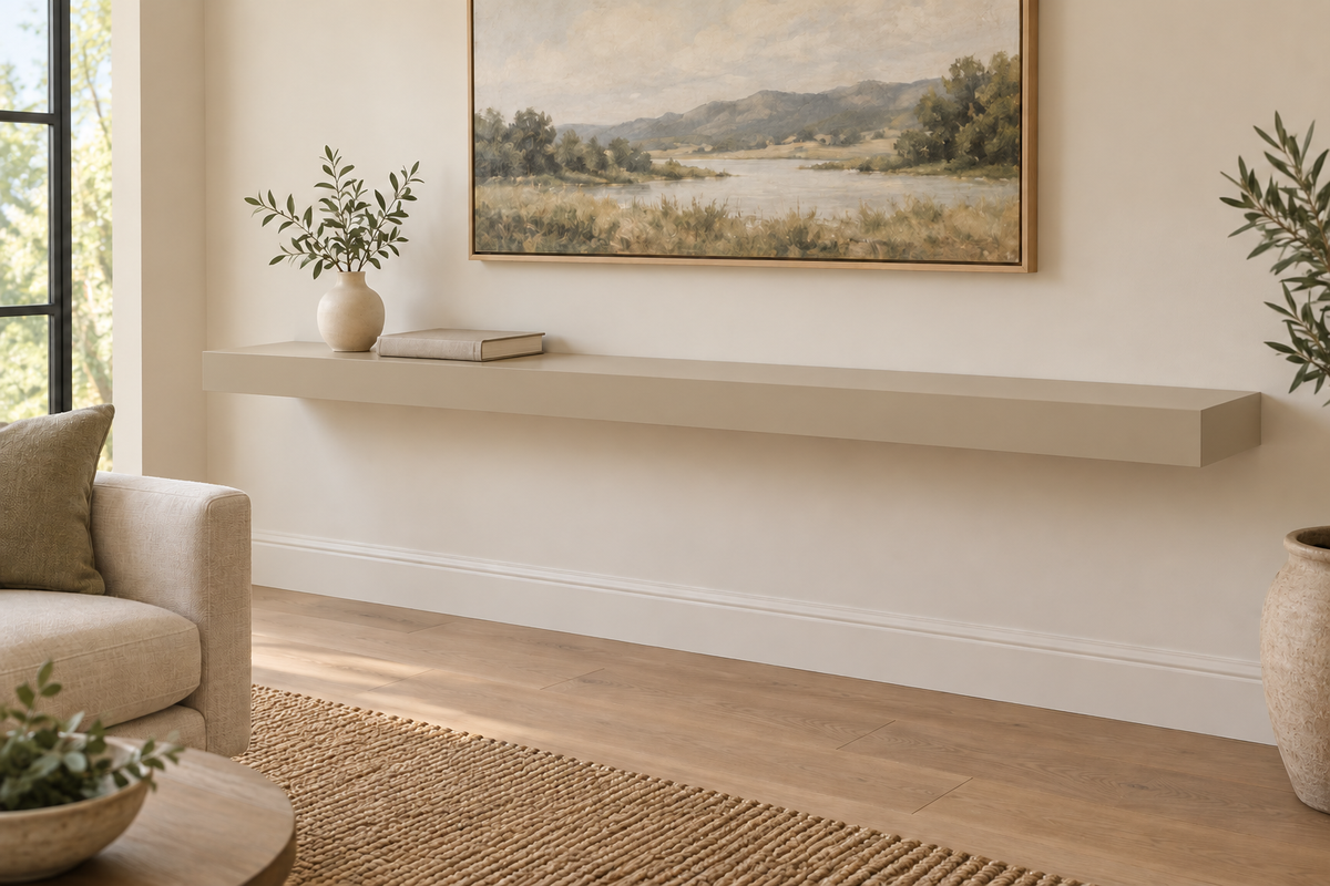 72 x 10 x 3 inch standard painted floating shelf in Universal Khaki SW 6150, unlit living-room rendering.