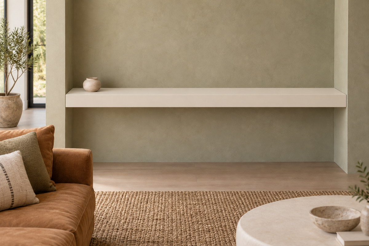 72 × 10 × 3 inch Natural Linen SW 9109 painted floating shelf, wall-to-wall mount, unlit