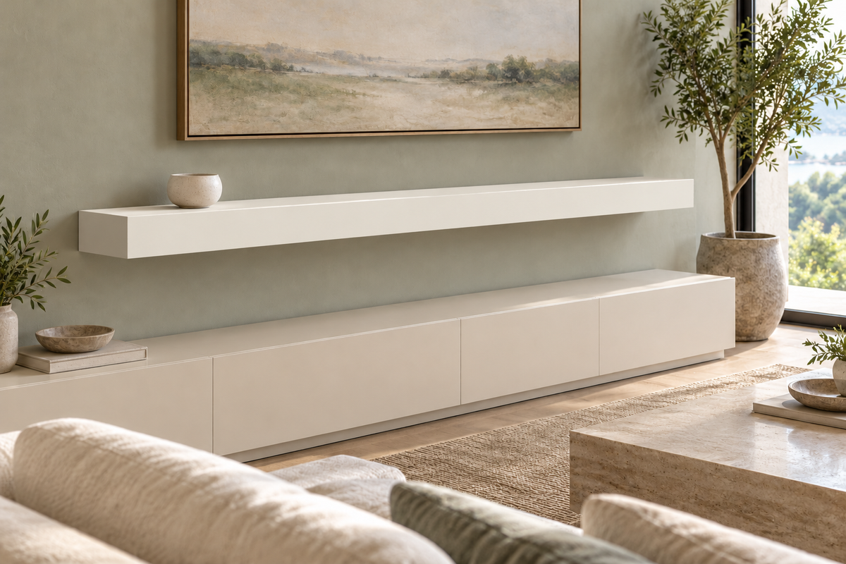 72 × 10 × 4 inch Alabaster SW 7008 painted floating shelf, standard mount, unlit