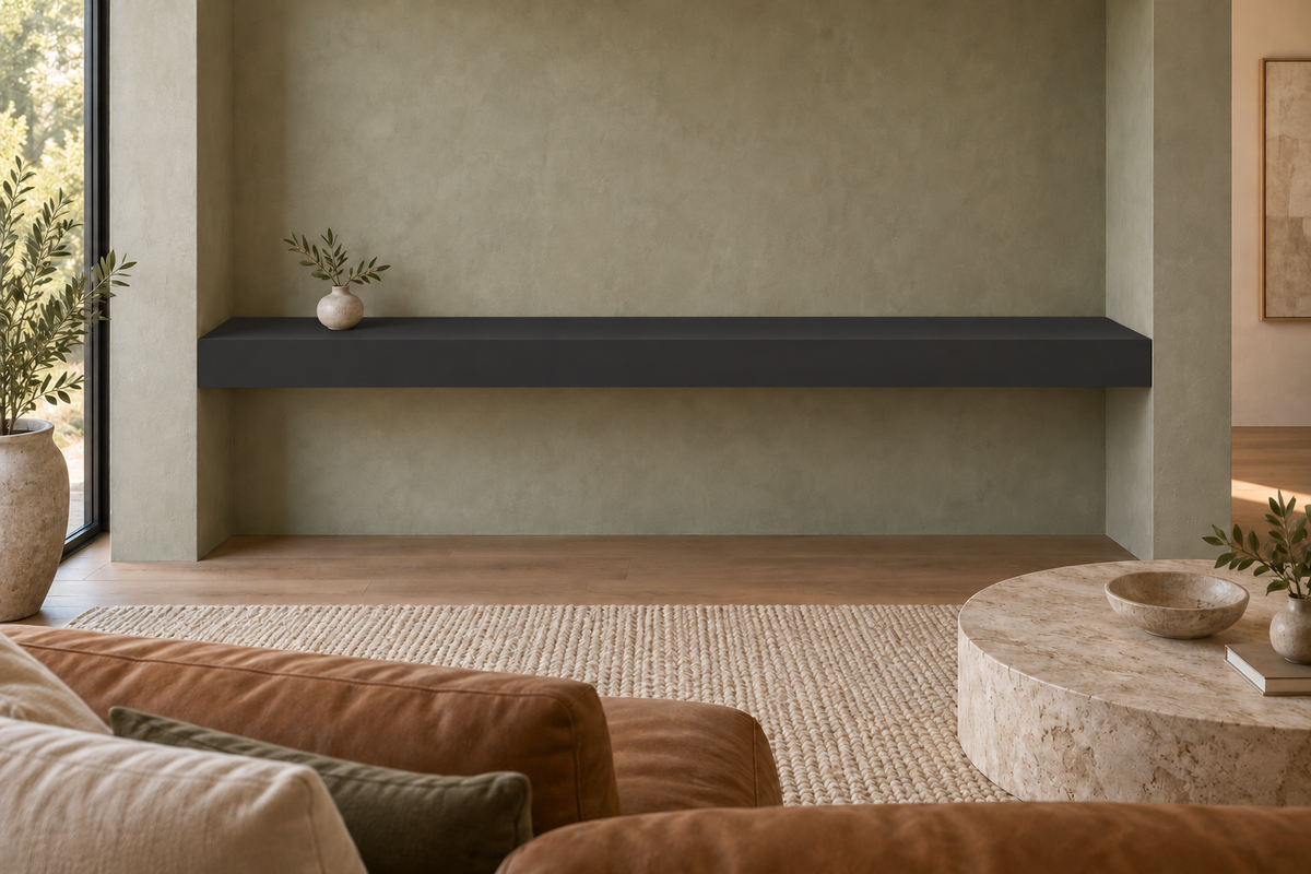 72 × 10 × 4 inch Tricorn Black SW 6258 painted floating shelf, wall-to-wall mount, unlit