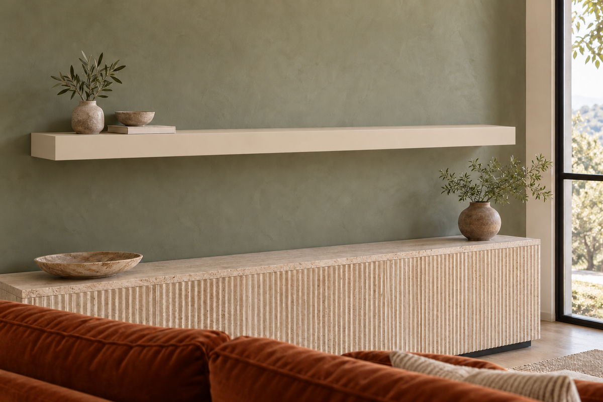 72 × 8 × 3 inch Natural Linen SW 9109 painted floating shelf, standard mount, unlit