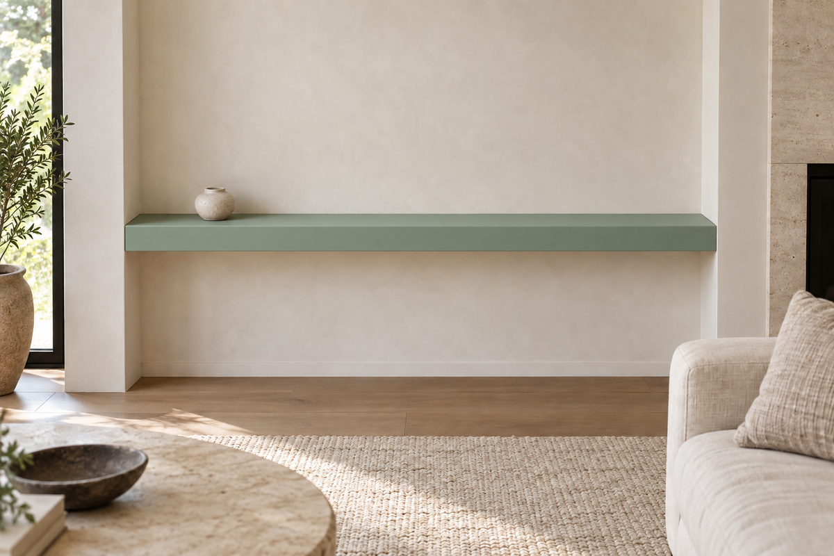 72 × 8 × 3 inch Halcyon Green SW 6213 painted floating shelf, wall-to-wall mount, unlit