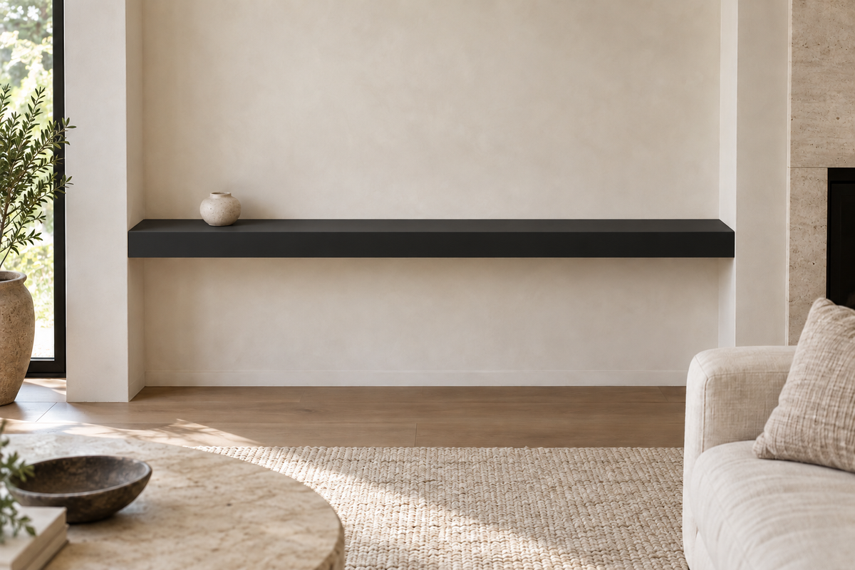 72 × 8 × 3 inch Tricorn Black SW 6258 painted floating shelf, wall-to-wall mount, unlit