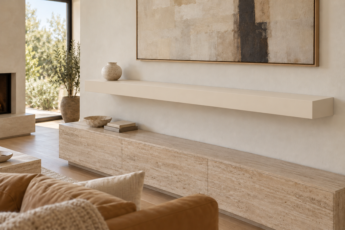 72 × 8 × 4 inch Natural Linen SW 9109 painted floating shelf, standard mount, unlit
