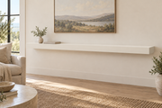 78 x 10 x 3 inch standard painted floating shelf in Alabaster SW 7008, unlit living-room rendering.