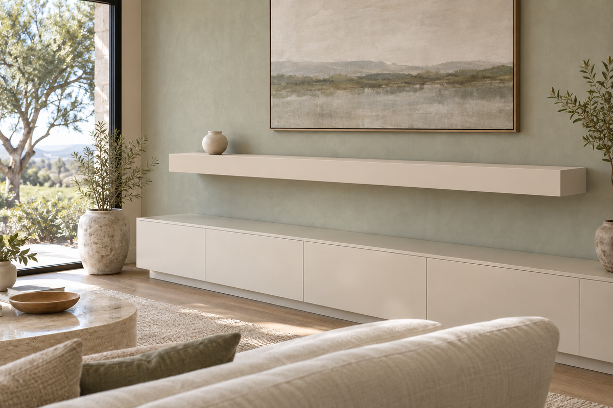 78 × 10 × 4 inch Natural Linen SW 9109 painted floating shelf, standard mount, unlit