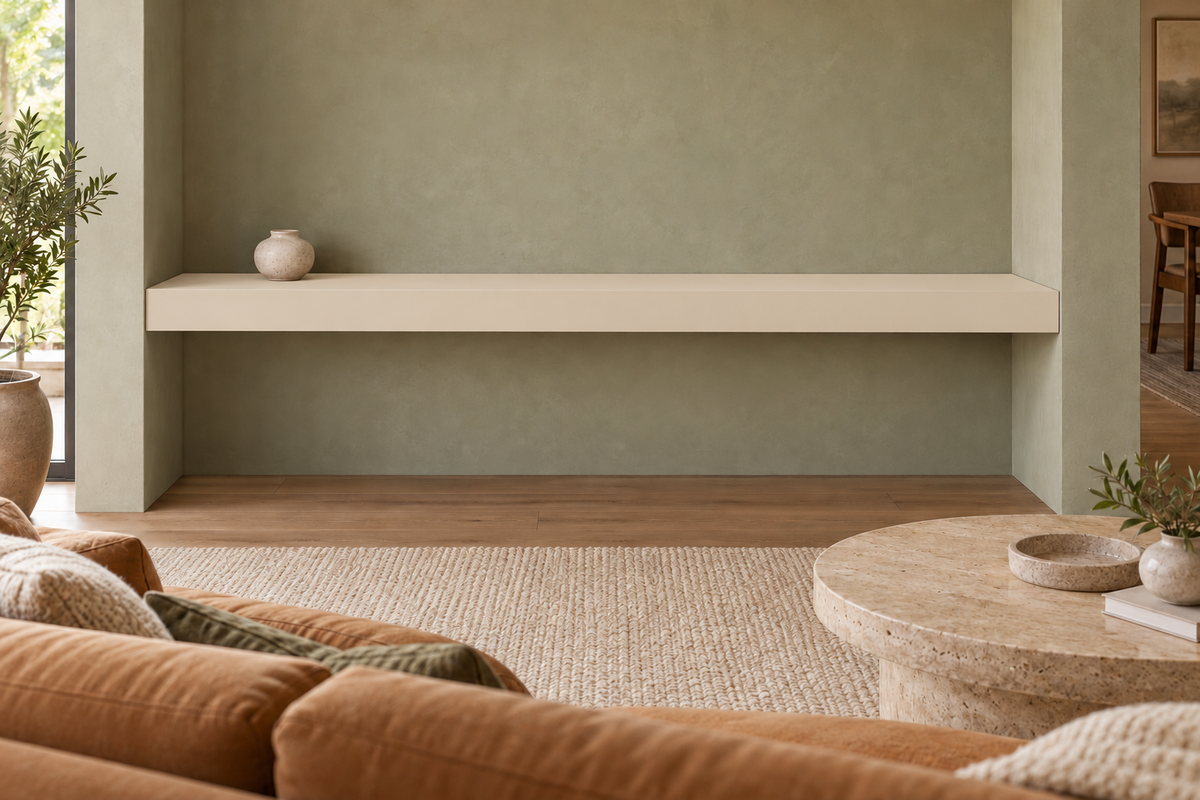 78 × 10 × 4 inch Natural Linen SW 9109 painted floating shelf, wall-to-wall mount, unlit