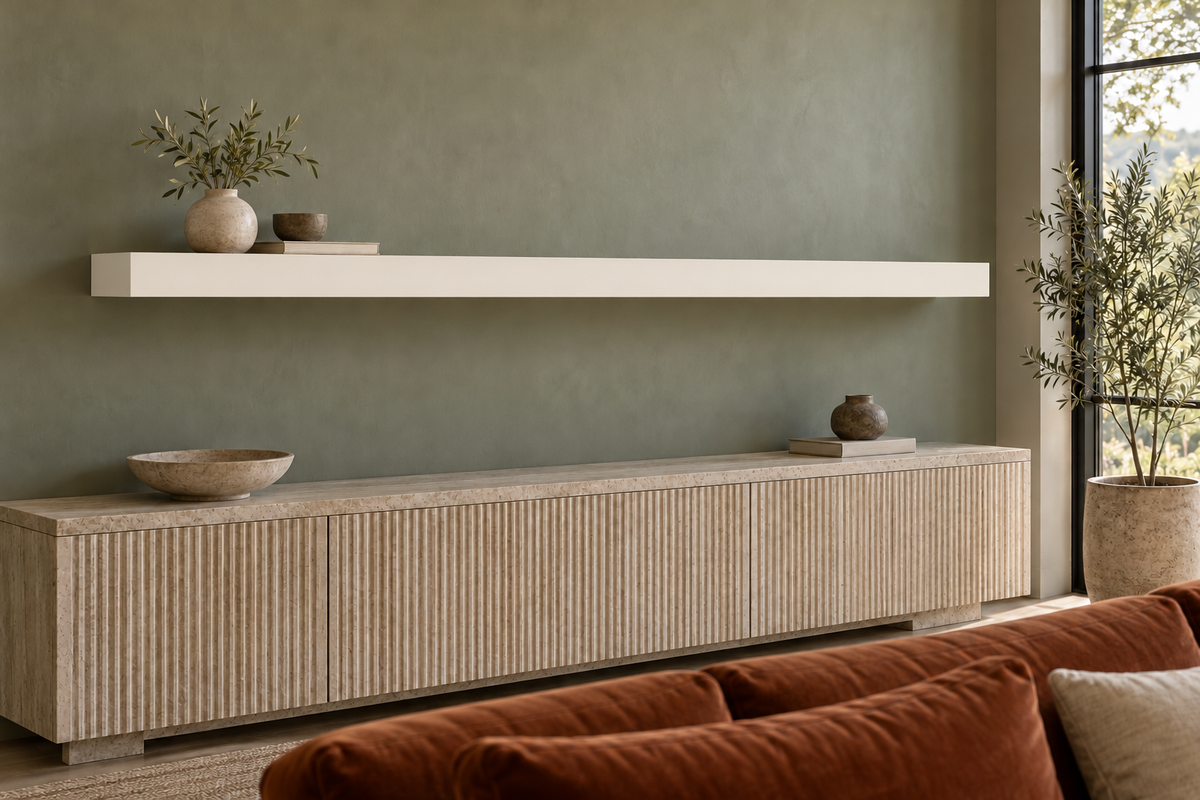 78 × 8 × 3 inch Alabaster SW 7008 painted floating shelf, standard mount, unlit