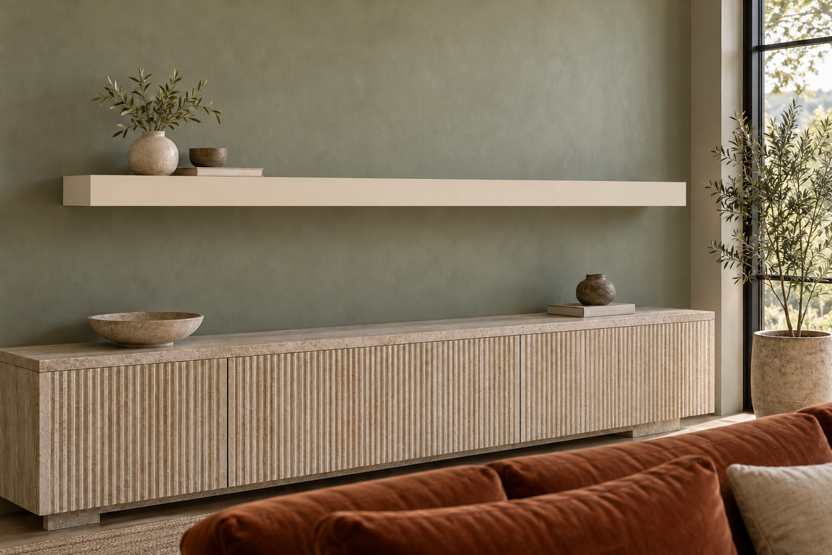 78 × 8 × 3 inch Natural Linen SW 9109 painted floating shelf, standard mount, unlit