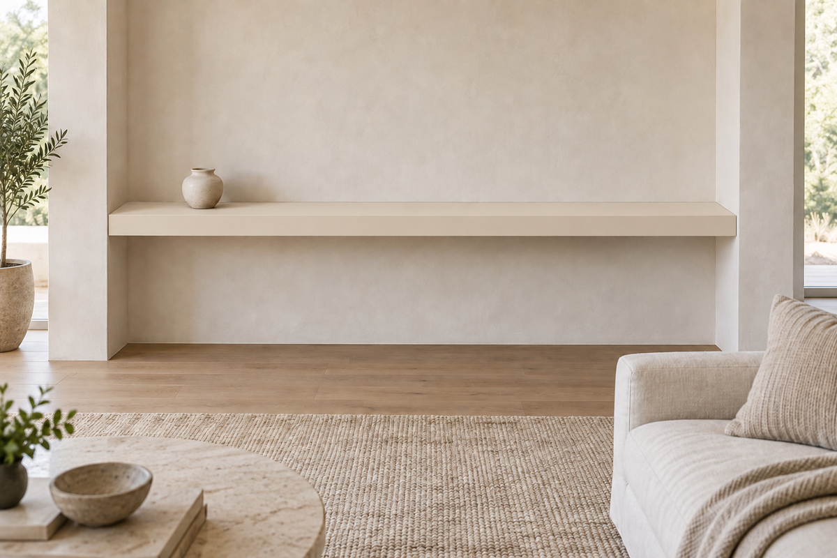 78 × 8 × 3 inch Natural Linen SW 9109 painted floating shelf, wall-to-wall mount, unlit
