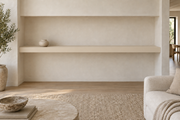 84 × 8 × 3 inch Natural Linen SW 9109 painted floating shelf, wall-to-wall mount, unlit