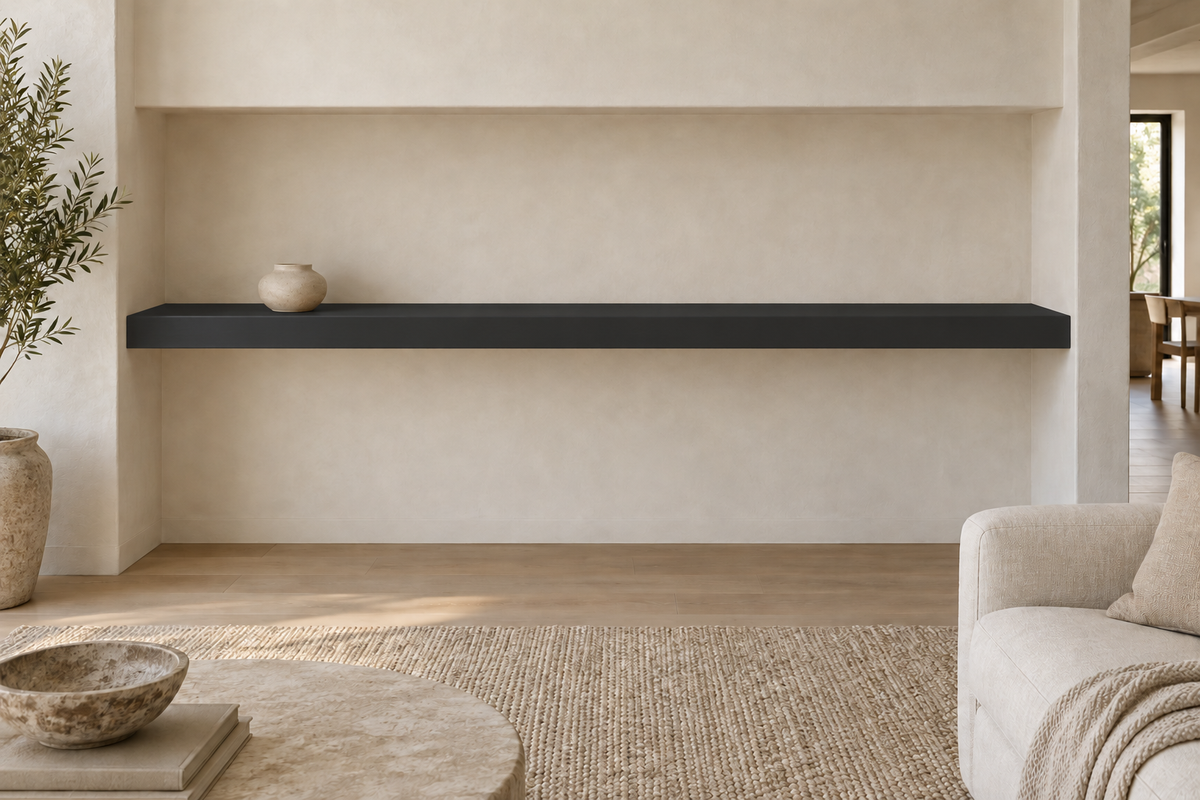 84 × 8 × 3 inch Tricorn Black SW 6258 painted floating shelf, wall-to-wall mount, unlit
