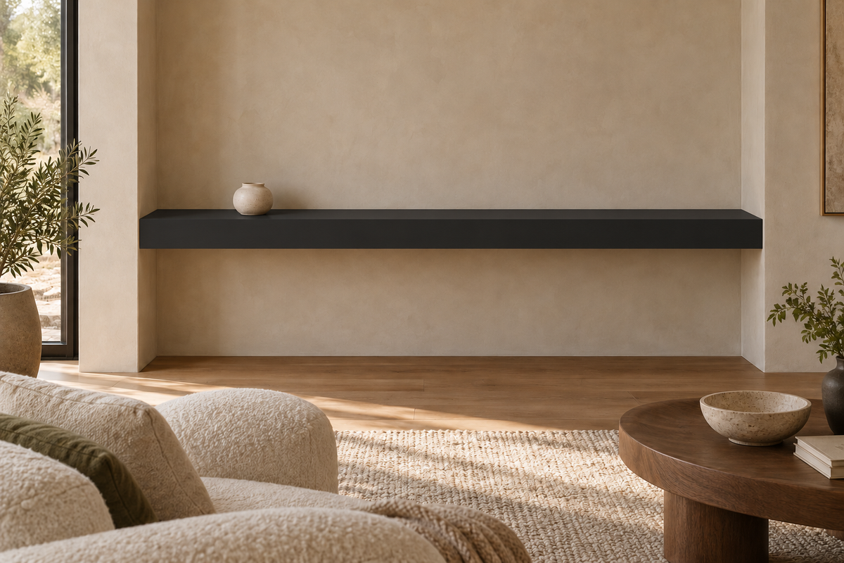 84 × 8 × 4 inch Tricorn Black SW 6258 painted floating shelf, wall-to-wall mount, unlit