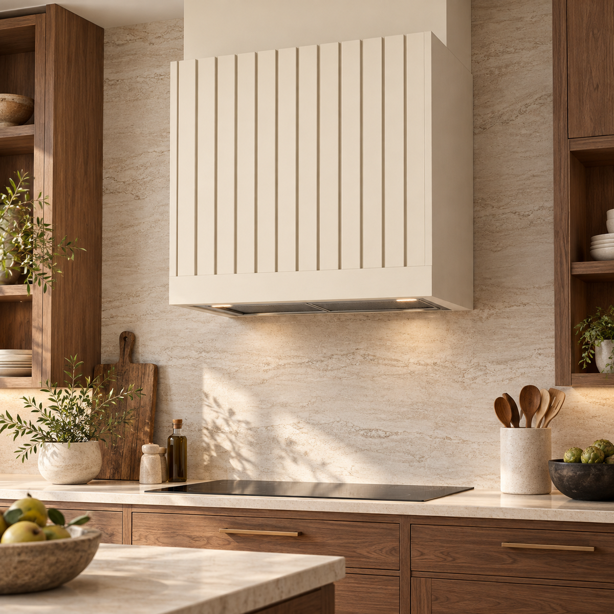 Reed range hood in an Alabaster painted finish above an induction cooktop, with walnut cabinetry and warm stone surfaces — kitchen design concept rendering