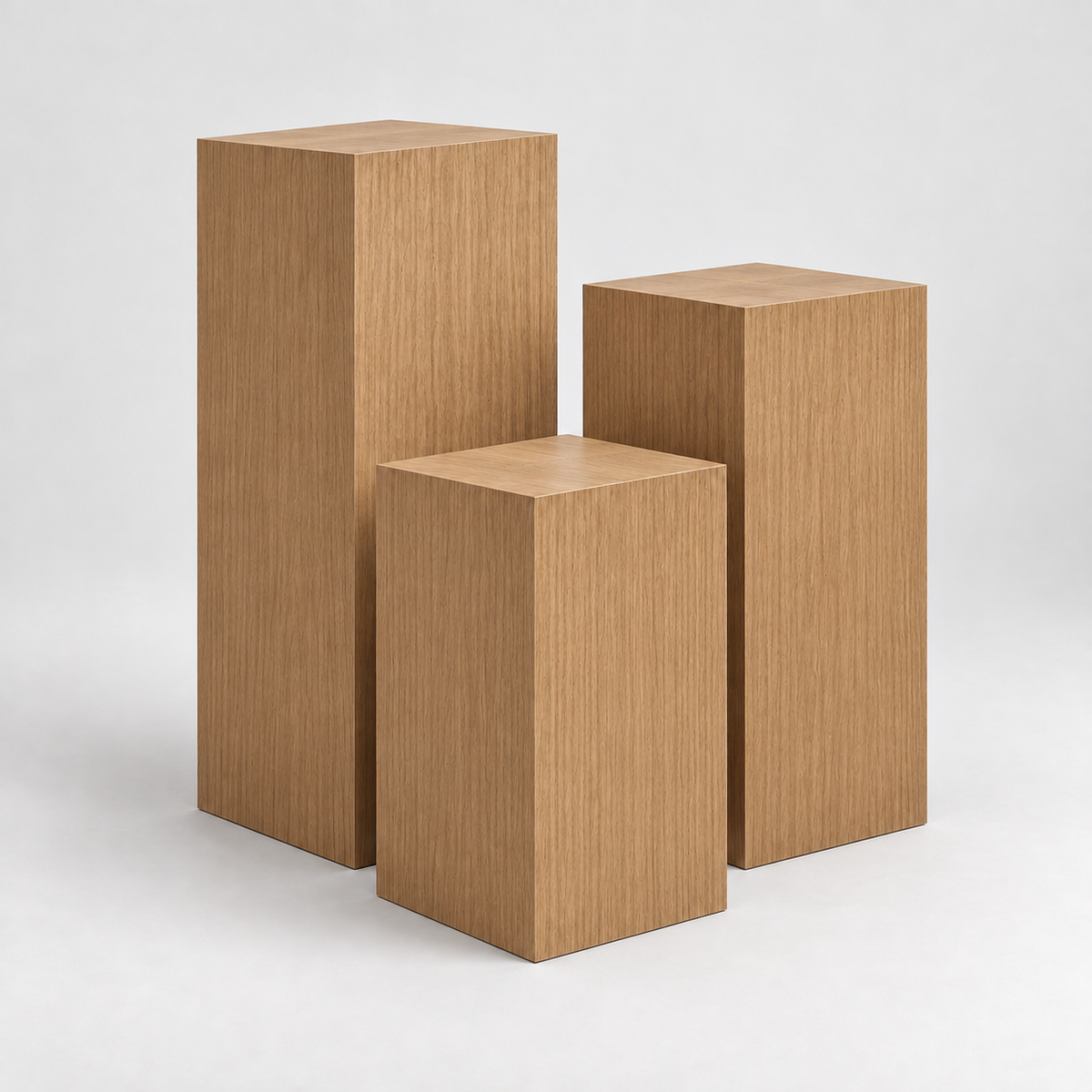 Titan Rift White Oak Gallery Pedestal Trio in rift-sawn white oak, straight vertical grain and a matching medium natural oak finish