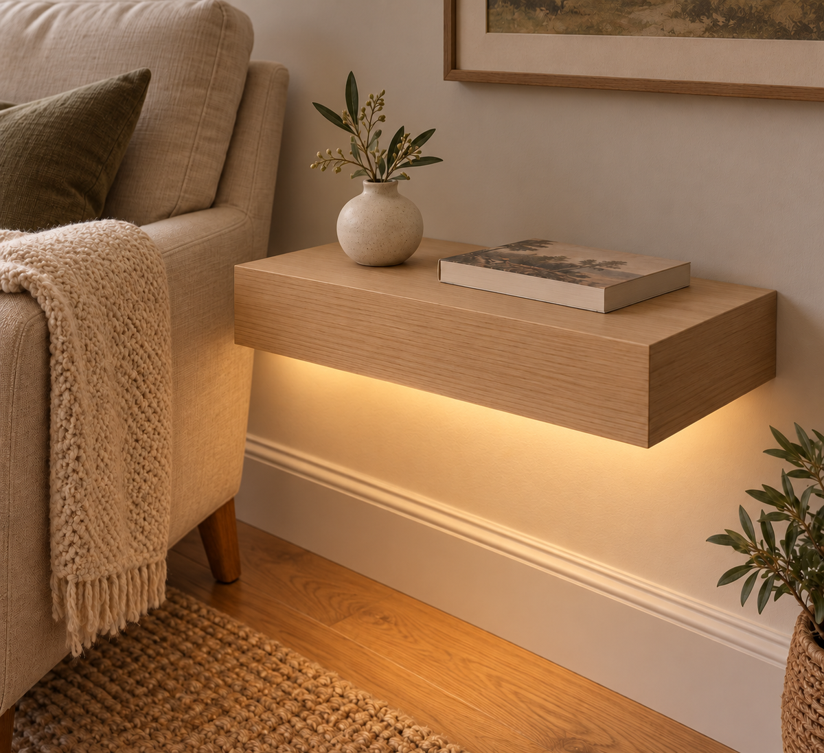 Gentry Stinson Rift White Oak Floating Shelf | 18″ long × 3″ thick | Standard Mount | Unfinished | LED Light Ready — Bottom Front LED location, rendering with separately supplied LED tape installed