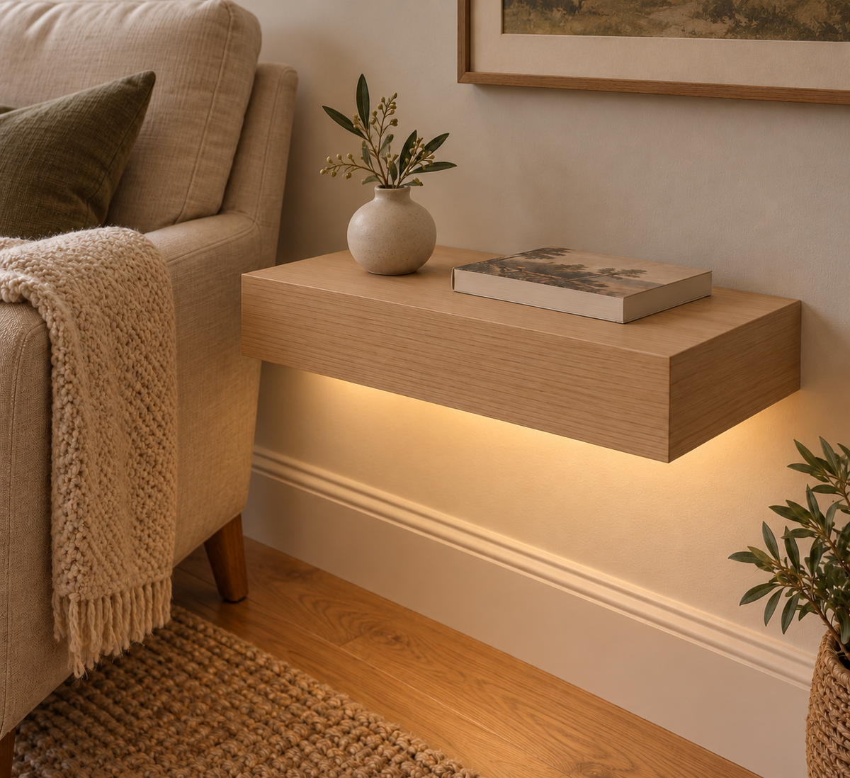 Gentry Stinson Rift White Oak Floating Shelf | 18″ long × 3″ thick | Standard Mount | Unfinished | LED Light Ready — Bottom Rear LED location, rendering with separately supplied LED tape installed