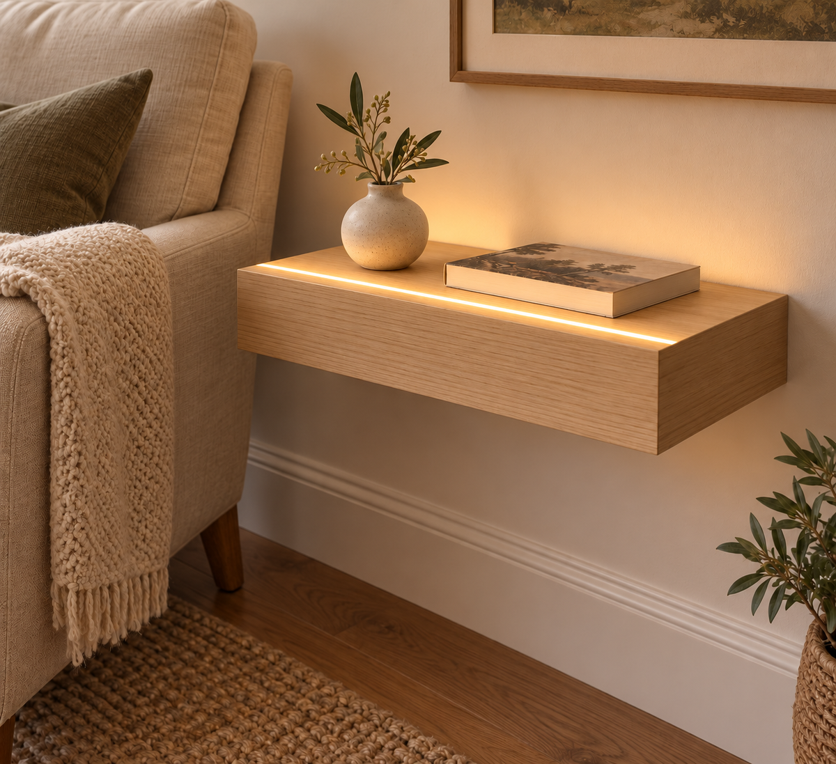 Gentry Stinson Rift White Oak Floating Shelf | 18″ × 10″ × 3″ | Standard Mount | Unfinished | LED Light Ready — Top Front LED location, rendering with separately supplied LED tape installed