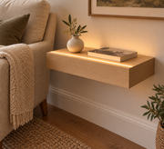 Gentry Stinson Rift White Oak Floating Shelf | 18″ long × 3″ thick | Standard Mount | Unfinished | LED Light Ready — Top Front LED location, rendering with separately supplied LED tape installed