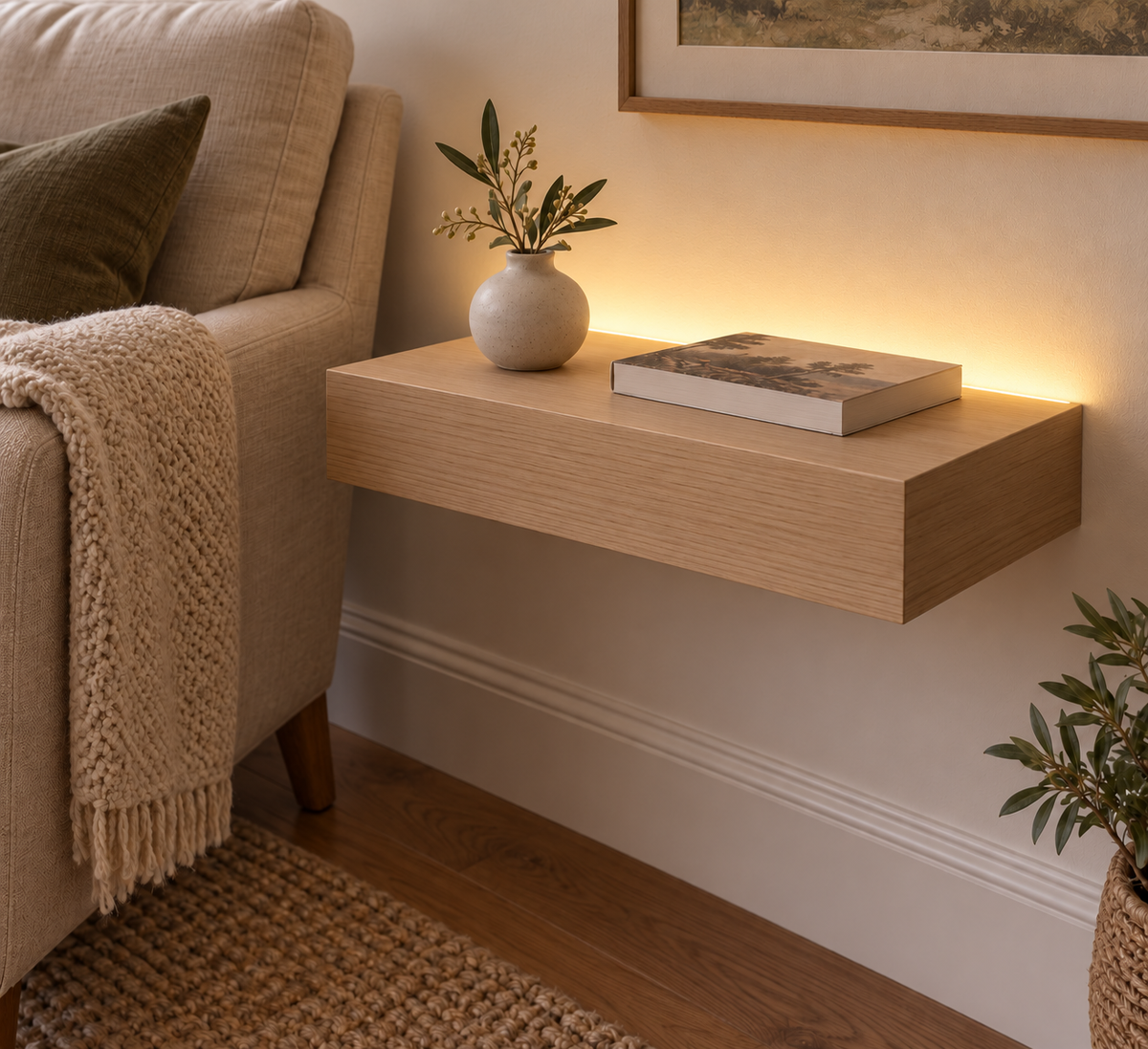 Gentry Stinson Rift White Oak Floating Shelf | 18″ long × 3″ thick | Standard Mount | Unfinished | LED Light Ready — Top Rear LED location, rendering with separately supplied LED tape installed