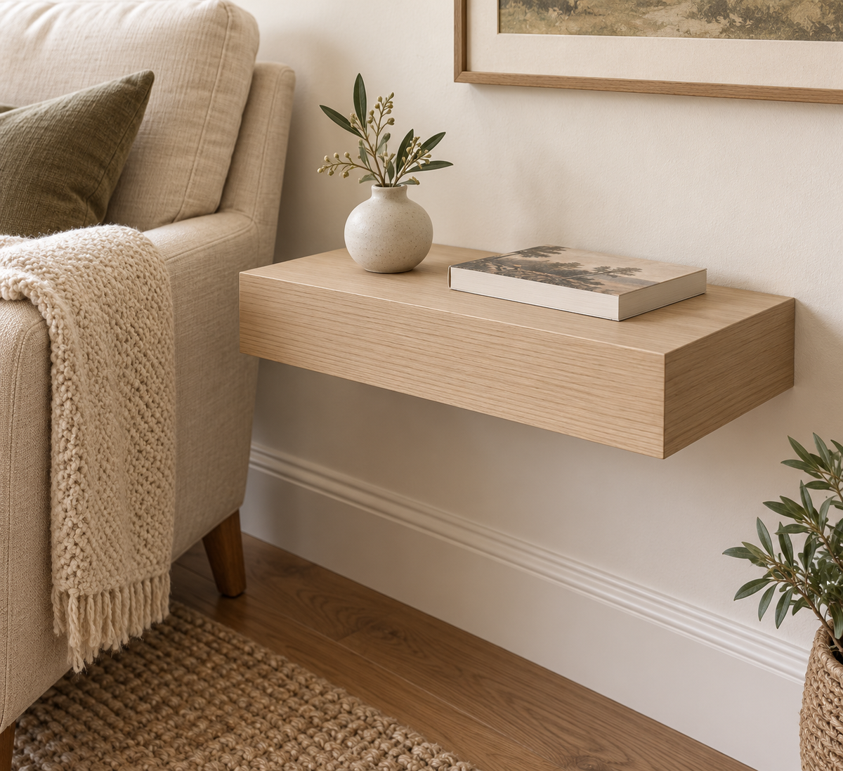 Gentry Stinson Rift White Oak Floating Shelf | 18″ × 10″ × 3″ | Standard Mount | Unfinished — unlit living-room rendering