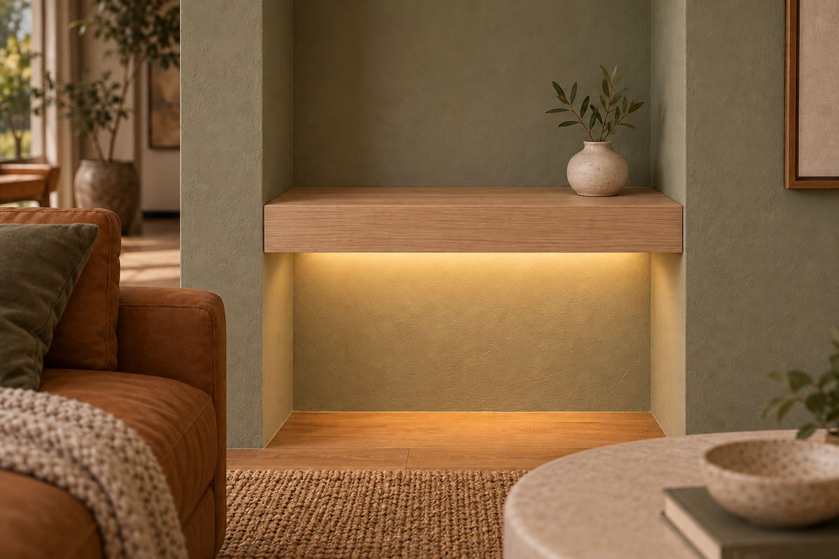 Gentry Stinson Rift White Oak Floating Shelf | 18″ long × 3″ thick | Wall to Wall | Unfinished | LED Light Ready — Bottom Front LED location, rendering with separately supplied LED tape installed