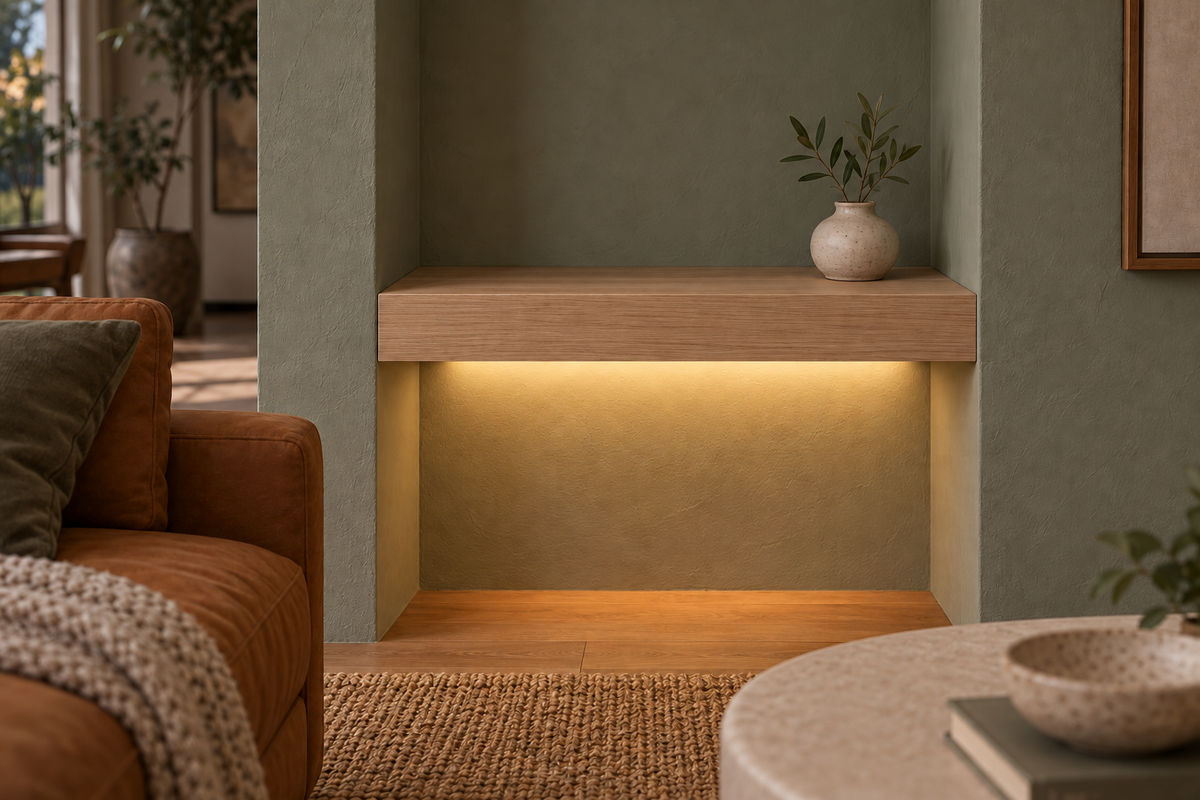 Gentry Stinson Rift White Oak Floating Shelf | 18″ long × 3″ thick | Wall to Wall | Unfinished | LED Light Ready — Bottom Rear LED location, rendering with separately supplied LED tape installed