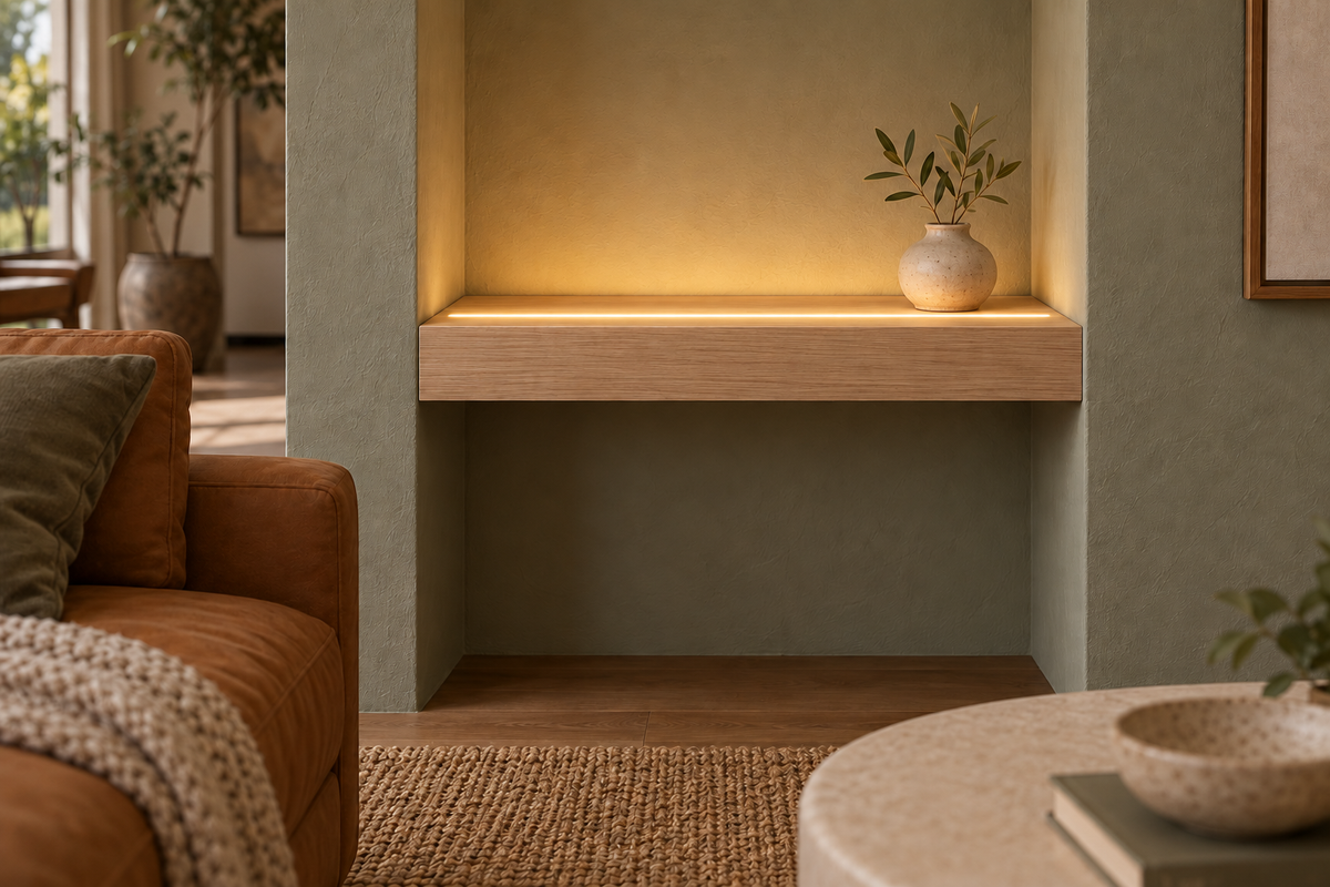 Gentry Stinson Rift White Oak Floating Shelf | 18″ long × 3″ thick | Wall to Wall | Unfinished | LED Light Ready — Top Front LED location, rendering with separately supplied LED tape installed