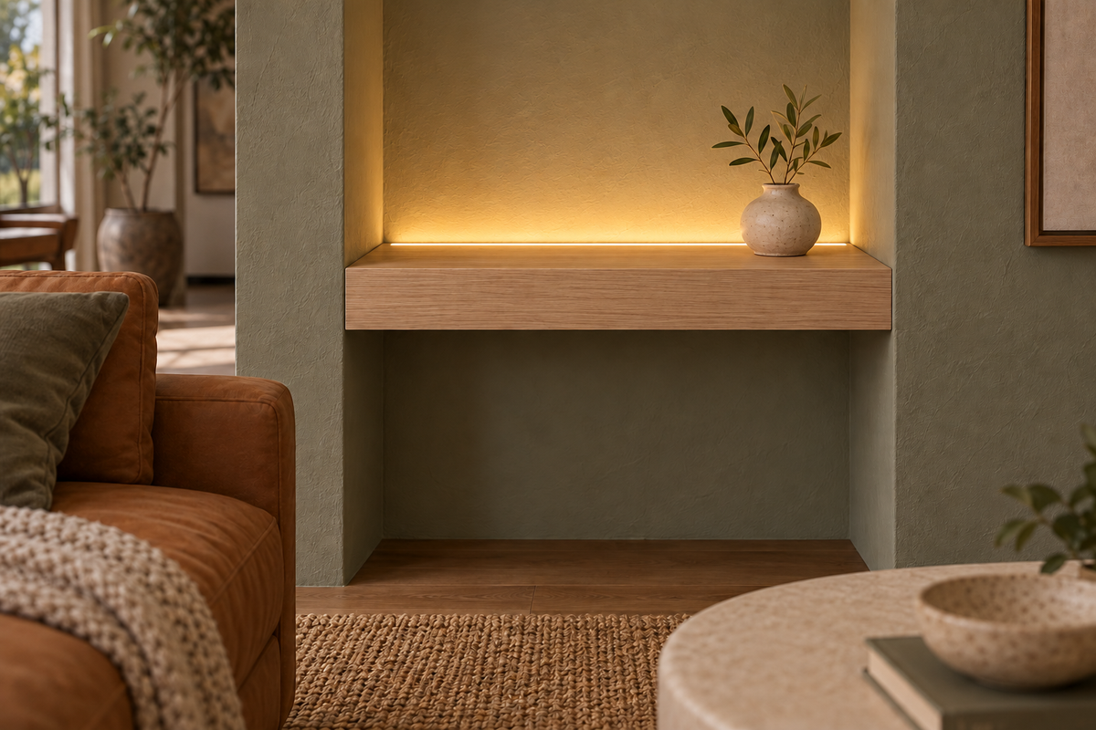 Gentry Stinson Rift White Oak Floating Shelf | 18″ long × 3″ thick | Wall to Wall | Unfinished | LED Light Ready — Top Rear LED location, rendering with separately supplied LED tape installed