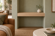 Gentry Stinson Rift White Oak Floating Shelf | 18″ × 10″ × 3″ | Wall to Wall | Unfinished — unlit living-room rendering