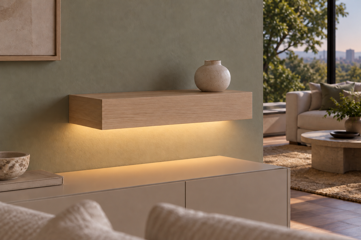 Gentry Stinson Rift White Oak Floating Shelf | 18″ long × 4″ thick | Standard Mount | Unfinished | LED Light Ready — Bottom Front LED location, rendering with separately supplied LED tape installed