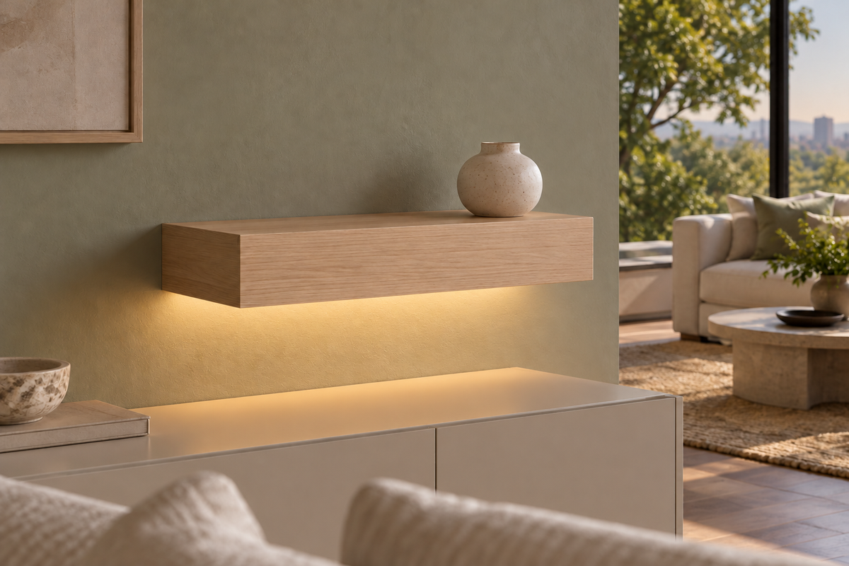 Gentry Stinson Rift White Oak Floating Shelf | 18″ long × 4″ thick | Standard Mount | Unfinished | LED Light Ready — Bottom Rear LED location, rendering with separately supplied LED tape installed