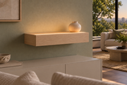 Gentry Stinson Rift White Oak Floating Shelf | 18″ long × 4″ thick | Standard Mount | Unfinished | LED Light Ready — Top Front LED location, rendering with separately supplied LED tape installed