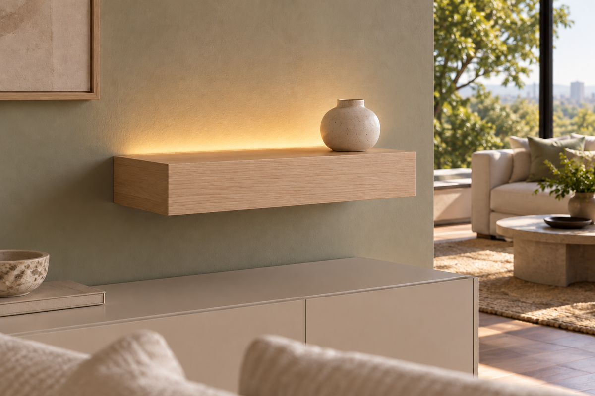 Gentry Stinson Rift White Oak Floating Shelf | 18″ long × 4″ thick | Standard Mount | Unfinished | LED Light Ready — Top Rear LED location, rendering with separately supplied LED tape installed