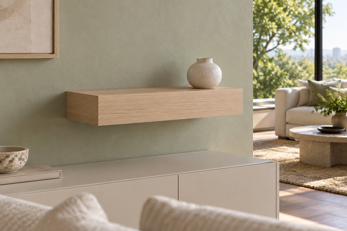 Gentry Stinson Rift White Oak Floating Shelf | 18″ × 10″ × 4″ | Standard Mount | Unfinished — unlit living-room rendering