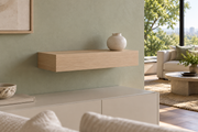 Gentry Stinson Rift White Oak Floating Shelf | 18″ × 10″ × 4″ | Standard Mount | Unfinished — unlit living-room rendering