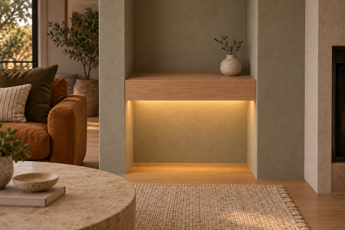 Gentry Stinson Rift White Oak Floating Shelf | 18″ long × 4″ thick | Wall to Wall | Unfinished | LED Light Ready — Bottom Front LED location, rendering with separately supplied LED tape installed