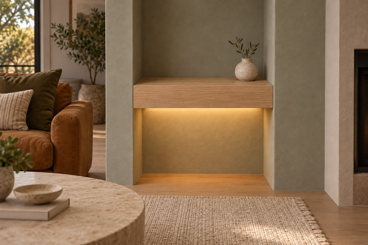 Gentry Stinson Rift White Oak Floating Shelf | 18″ long × 4″ thick | Wall to Wall | Unfinished | LED Light Ready — Bottom Rear LED location, rendering with separately supplied LED tape installed